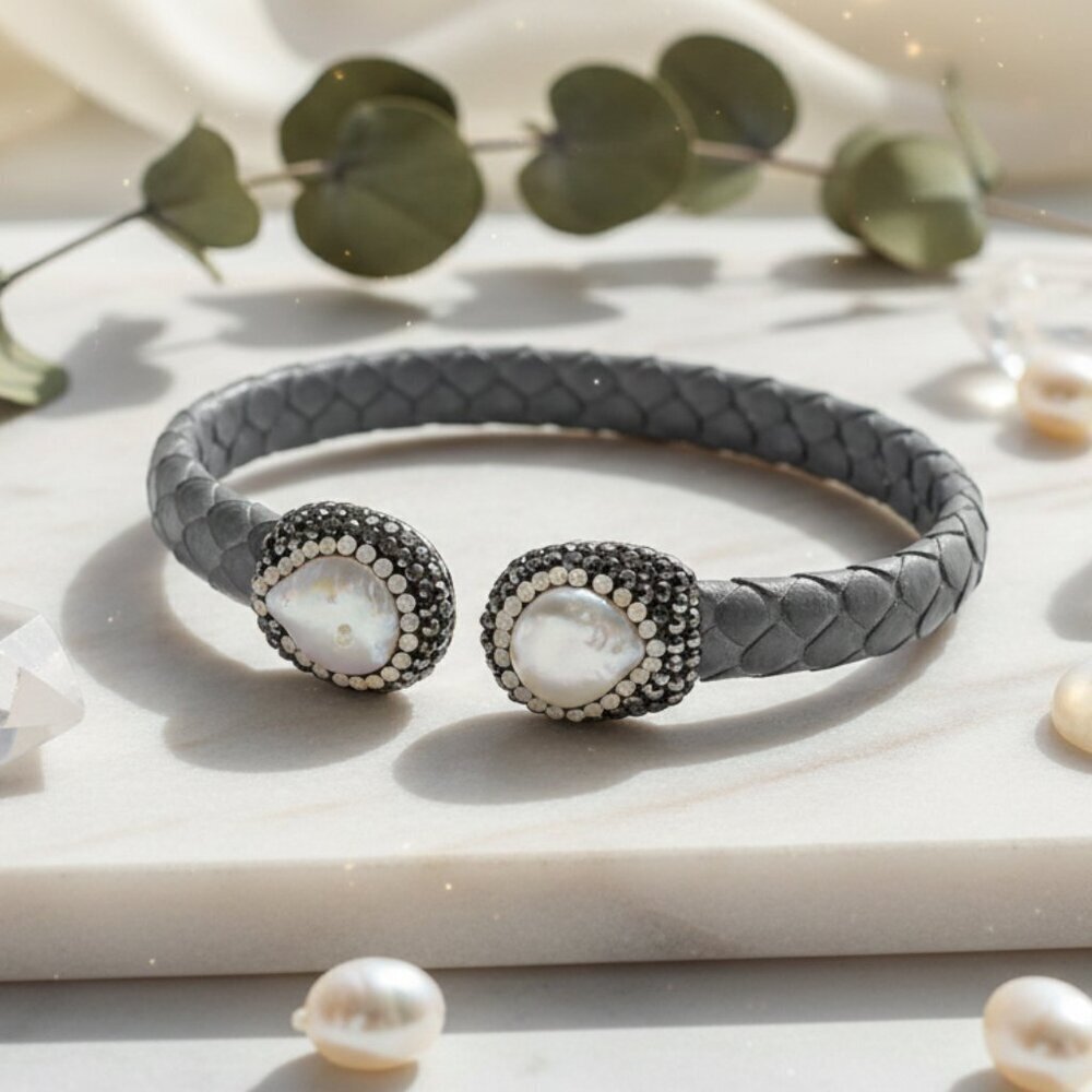 Turkish Artisan Leather Cuff Bracelet Real Baroque Pearl Hematite Crystal Cuff
